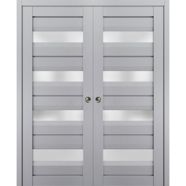 Sliding French Double Pocket Doors with Frosted Glass | Veregio 7455 Matte Grey | Kit Trims Rail Hardware | Solid Wood Interior Bedroom Sturdy Doors