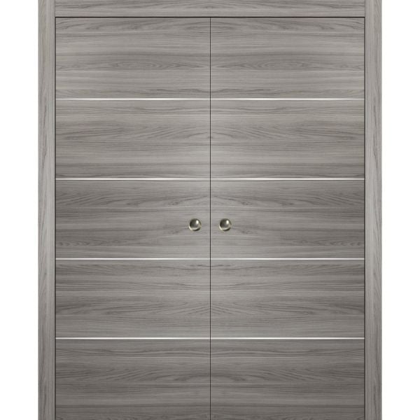Modern Double Pocket Doors | Planum 0020 Ginger Ash | Kit Trims Rail Hardware | Solid Wood Interior Bedroom Sliding Closet Sturdy Door