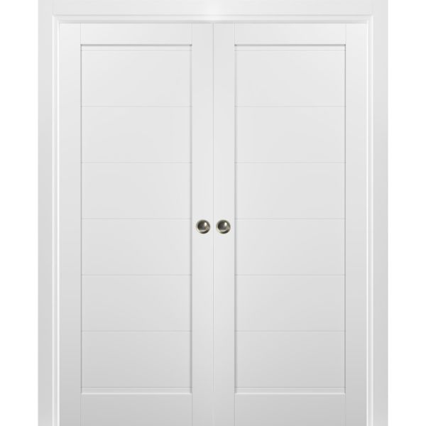 French Double Pocket Doors 72 x 80 with Frames | Quadro 4115 White Silk | Kit Trims Rail Hardware | Solid Wood Interior Pantry Kitchen Bedroom Sliding Closet Sturdy Door