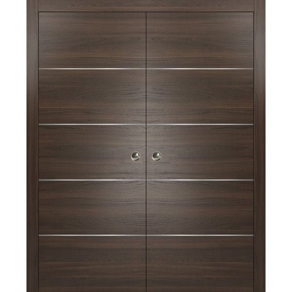Modern Double Pocket Doors | Planum 0020 Chocolate Ash | Kit Trims Rail Hardware | Solid Wood Interior Bedroom Sliding Closet Sturdy Door