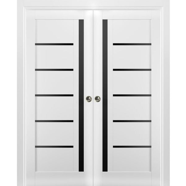 Sliding French Double Pocket Doors | Quadro 4588 White Silk with Black Glass | Kit Trims Rail Hardware | Solid Wood Interior Bedroom Sturdy Doors-36" x 80" (2* 18x80)-Black Glass