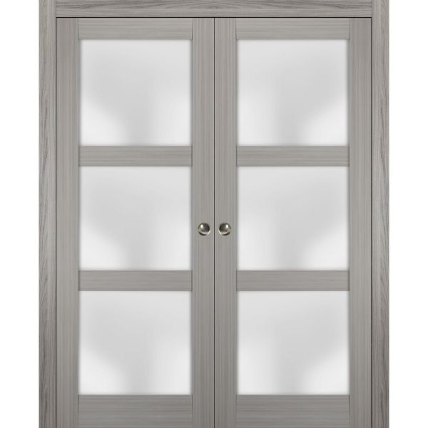 Sliding French Double Pocket Doors with Frosted Glass | Lucia 2552 Gray Ash | Kit Trims Rail Hardware | Solid Wood Interior Bedroom Sturdy Doors