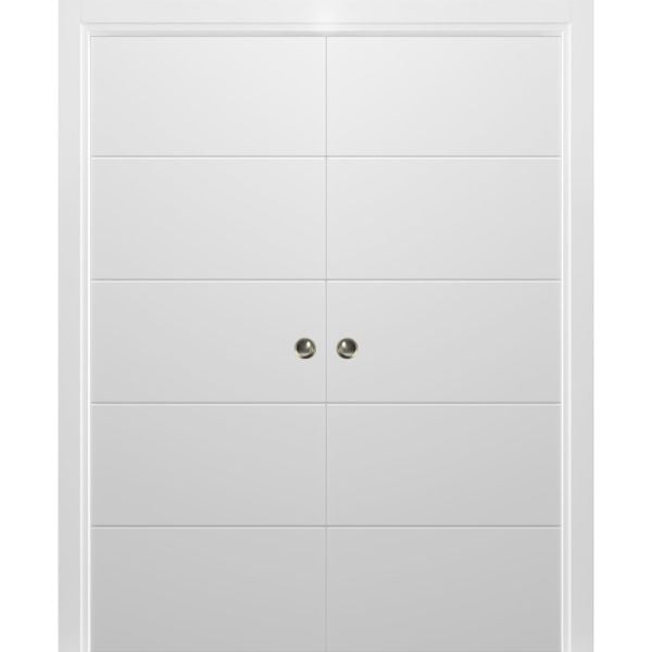 Modern Double Pocket Doors | Planum 0770 Painted White Matte | Kit Trims Rail Hardware | Solid Wood Interior Bedroom Sliding Closet Sturdy Door