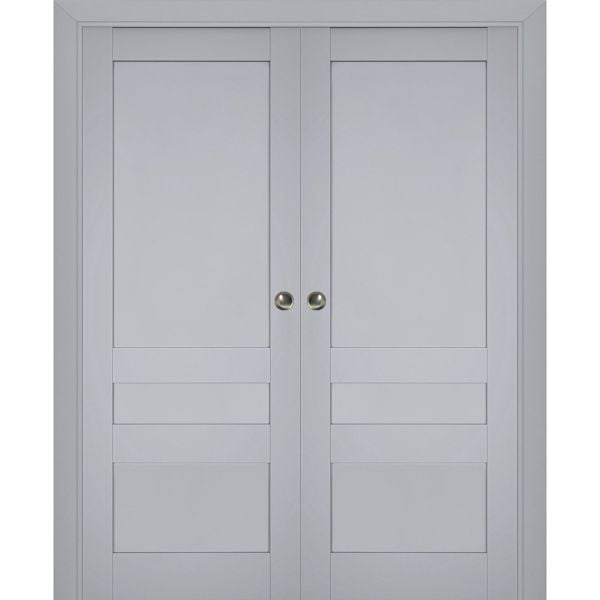 Sliding French Double Pocket Doors | Veregio 7411 Matte Grey | Kit Trims Rail Hardware | Solid Wood Interior Bedroom Sturdy Doors