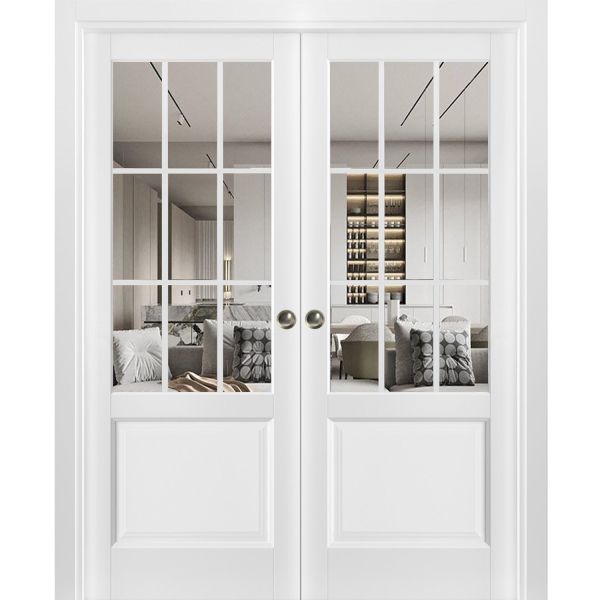 Sliding French Double Pocket Doors | Felicia 3599 White Silk with Clear Glass | Kit Trims Rail Hardware | Solid Wood Interior Bedroom Sturdy Doors