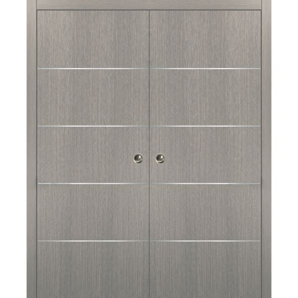 Modern Double Pocket Doors | Planum 0020 Grey Oak | Kit Trims Rail Hardware | Solid Wood Interior Bedroom Sliding Closet Sturdy Door