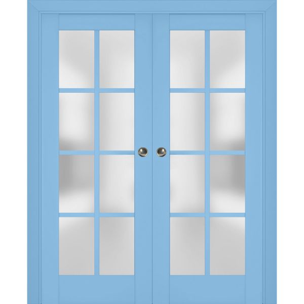 Sliding French Double Pocket Doors | Veregio 7412 Aquamarine with Frosted Glass | Kit Trims Rail Hardware | Solid Wood Interior Bedroom Sturdy Doors