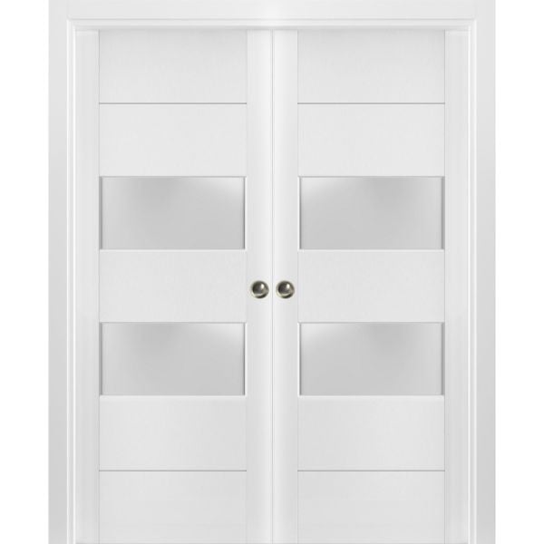 Sliding French Double Pocket Doors Frosted Glass 2 lites | Lucia 4010 White Silk | Kit Trims Rail Hardware | Solid Wood Interior Bedroom Sturdy Doors