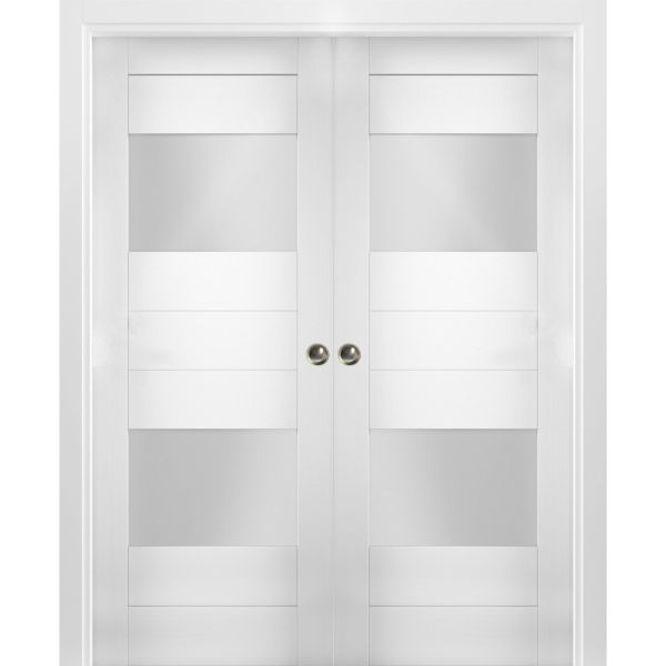 Sliding French Double Pocket Doors 36 x 80 inches Opaque Glass 2 Lites / Sete 6222 White Silk / Kit Rail Hardware / MDF Interior Bedroom Modern Doors