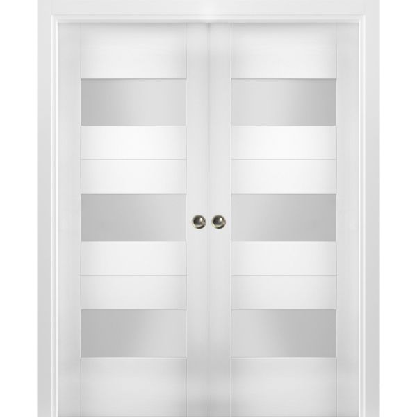 Sliding French Double Pocket Doors 36 x 80 inches Opaque Glass / Sete 6003 White Silk / Kit Rail Hardware / MDF Interior Bedroom Modern Doors
