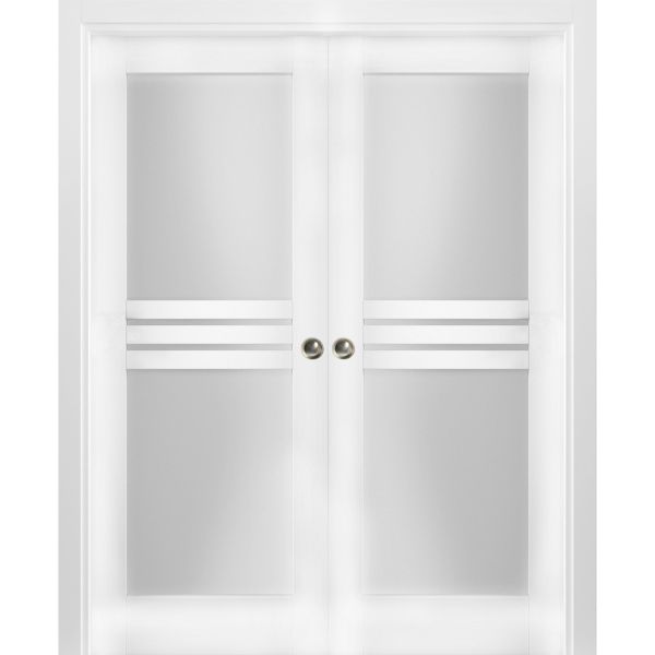 Sliding French Double Pocket Doors Opaque Glass 4 Lites / Mela 7222 White Silk / Kit Rail Hardware / MDF Interior Bedroom Modern Doors