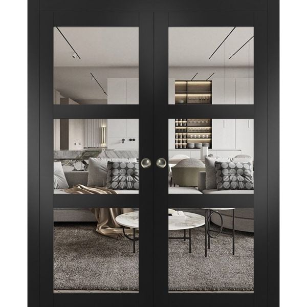 Sliding French Double Pocket Doors | Lucia 2555 Matte Black with Clear Glass | Kit Trims Rail Hardware | Solid Wood Interior Bedroom Sturdy Doors-36" x 80" (2* 18x80)-Clear Glass