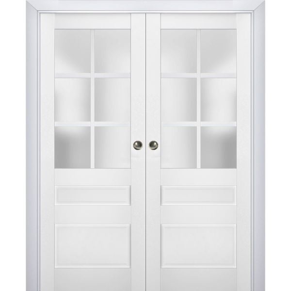 Sliding French Double Pocket Doors | Veregio 7339 White Silk with Frosted Glass | Kit Trims Rail Hardware | Solid Wood Interior Bedroom Sturdy Doors