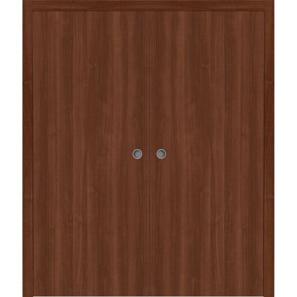 Sliding French Double Pocket Doors 72 x 80 inches | BASIC 3001 Walnut | Kit Rail Hardware | Solid Wood Interior Bedroom Modern Doors