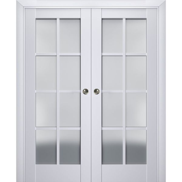 Sliding French Double Pocket Doors with Frosted Glass | Veregio 7412 White Silk | Kit Trims Rail Hardware | Solid Wood Interior Bedroom Sturdy Doors