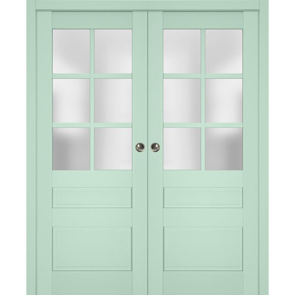 Sliding French Double Pocket Doors | Veregio 7339 Oliva with Frosted Glass | Kit Trims Rail Hardware | Solid Wood Interior Bedroom Sturdy Doors