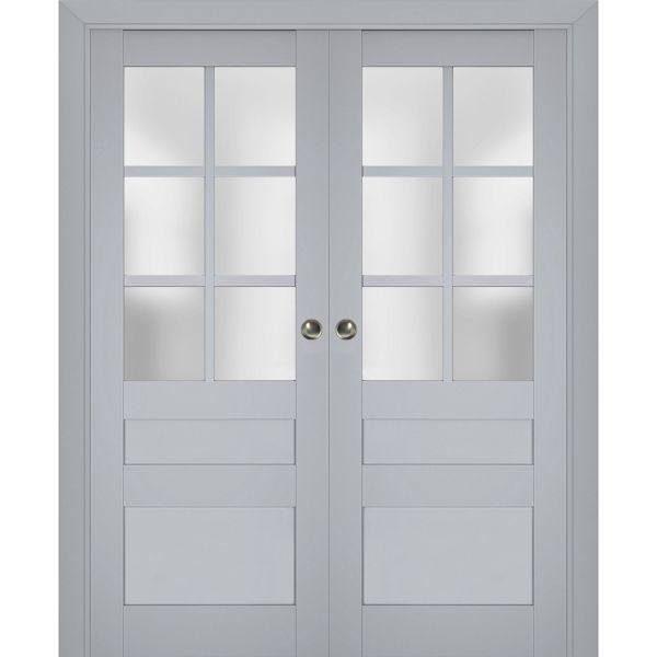 Sliding French Double Pocket Doors with Frosted Glass | Veregio 7339 Matte Grey | Kit Trims Rail Hardware | Solid Wood Interior Bedroom Sturdy Doors