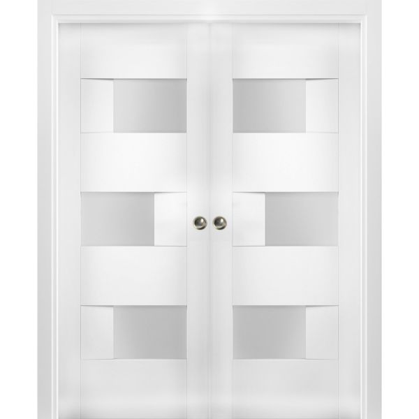 Sliding French Double Pocket Doors 36 x 80 inches Opaque Glass / Sete 6933 White Silk / Kit Rail Hardware / MDF Interior Bedroom Modern Doors