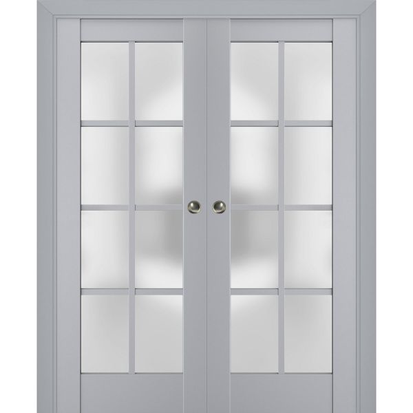 Sliding French Double Pocket Doors | Veregio 7412 Matte Grey with Frosted Glass | Kit Trims Rail Hardware | Solid Wood Interior Bedroom Sturdy Doors