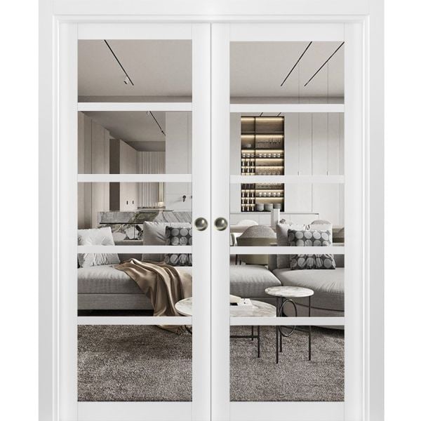Sliding French Double Pocket Doors | Quadro 4522 White Silk with Clear Glass | Kit Trims Rail Hardware | Solid Wood Interior Bedroom Sturdy Doors
