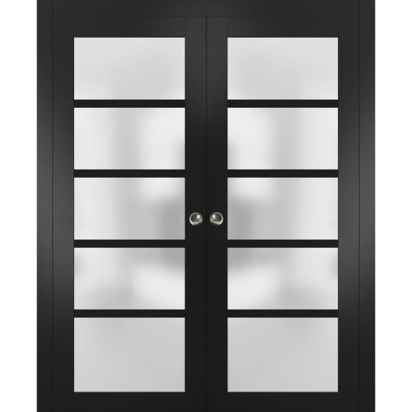 Sliding French Double Pocket Doors Frosted Glass | Quadro 4002 Black Matte | Kit Trims Rail Hardware | Solid Wood Interior Bedroom Sturdy Doors