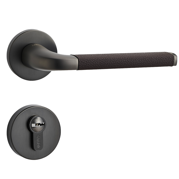 Door Euro Handle RIO for Magnetic Lock, Graphite and Brown Leather, Entry