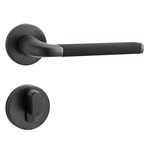 Door Euro Handle RIO for Magnetic Lock, Graphite and Brown Leather, Privacy