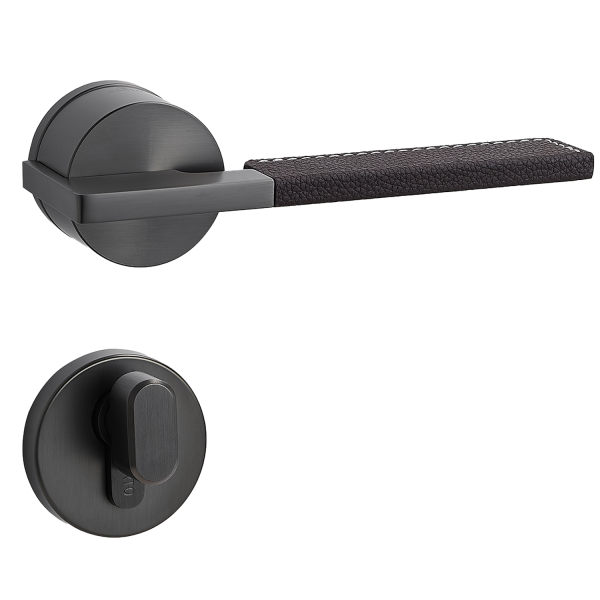 Door Euro Handle TORONTO for Magnetic Lock, Graphite and Brown Leather, Privacy