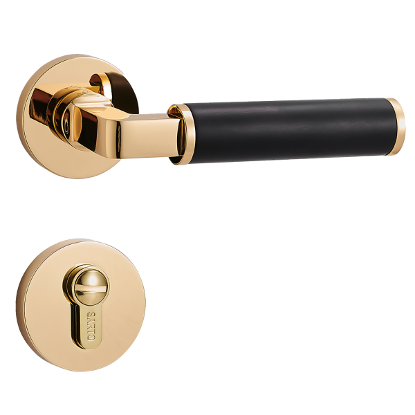 Door Euro Handle ZENITH for Magnetic Lock, Gold and Leather, Privacy