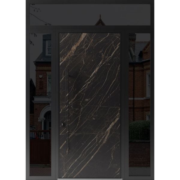 Front Exterior Prehung Steel Door / Dekton 0118 Natural Noir 96”/ 2 Side and Top Exterior Window Sidelite / Entry Metal Modern Painted W12+36+12" x H96+16" Right hand Inswing