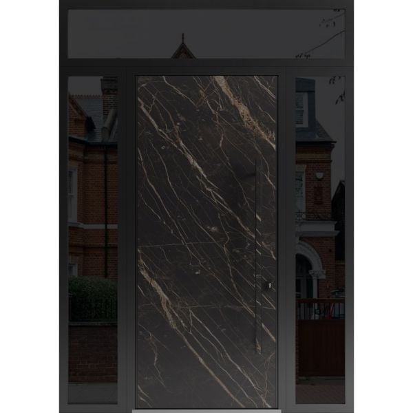 Front Exterior Prehung Steel Door / Dekton 0118 Natural Noir 96”/ 2 Side and Top Exterior Window Sidelite / Entry Metal Modern Painted W12+36+12" x H96+16" Left hand Inswing