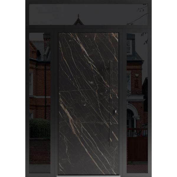 Front Exterior Prehung Steel Door / Dekton 0118 Natural Noir / 2 Side and Top Exterior Window Sidelite / Entry Metal Modern Painted W12+36+12" x H80+16" Left hand Inswing