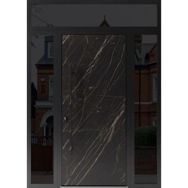 Front Exterior Prehung Steel Door / Dekton 0118 Natural Noir / 2 Side and Top Exterior Window Sidelite / Entry Metal Modern Painted W16+36+16" x H80+16" Right hand Inswing