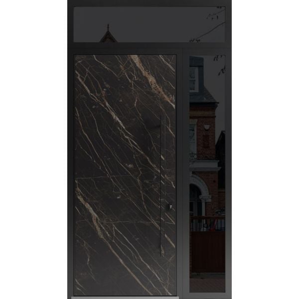 Front Exterior Prehung Steel Door / Dekton 0118 Natural Noir 96”/ Side and Top Exterior Window Sidelite / Entry Metal Modern Painted W36+12" x H96+16" Left hand Inswing