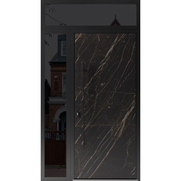 Front Exterior Prehung Steel Door / Dekton 0118 Natural Noir / Side and Top Exterior Window Sidelite / Entry Metal Modern Painted W36+16" x H80+16" Right hand Inswing