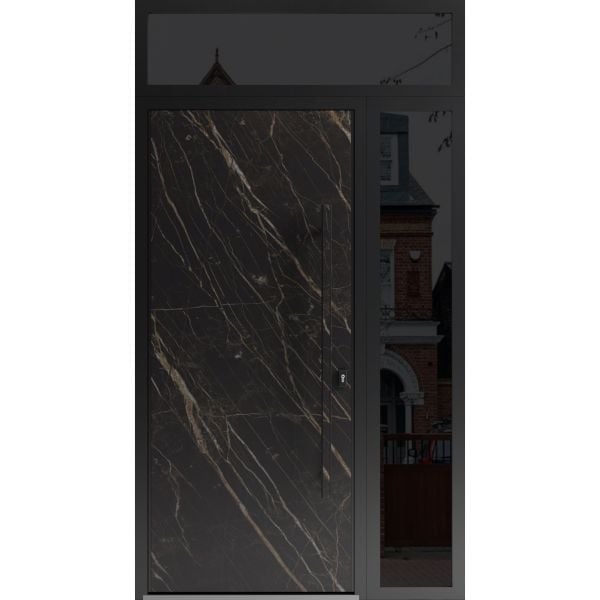 Front Exterior Prehung Steel Door / Dekton 0118 Natural Noir / Side and Top Exterior Window Sidelite / Entry Metal Modern Painted W36+12" x H80+16" Left hand Inswing