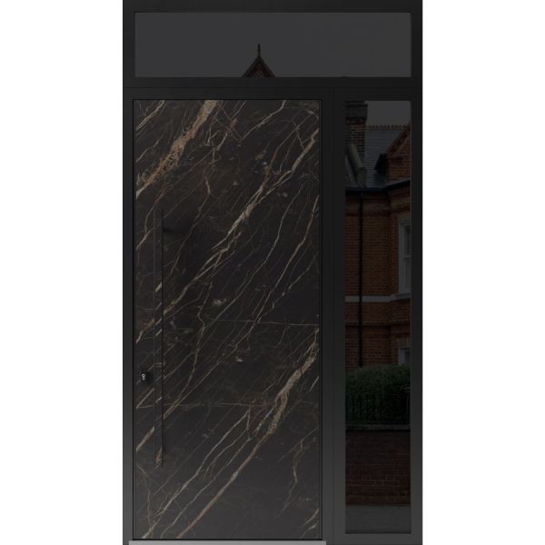 Front Exterior Prehung Steel Door / Dekton 0118 Natural Noir 96”/ Side and Top Exterior Window Sidelite / Entry Metal Modern Painted W36+14" x H96+16" Right hand Inswing