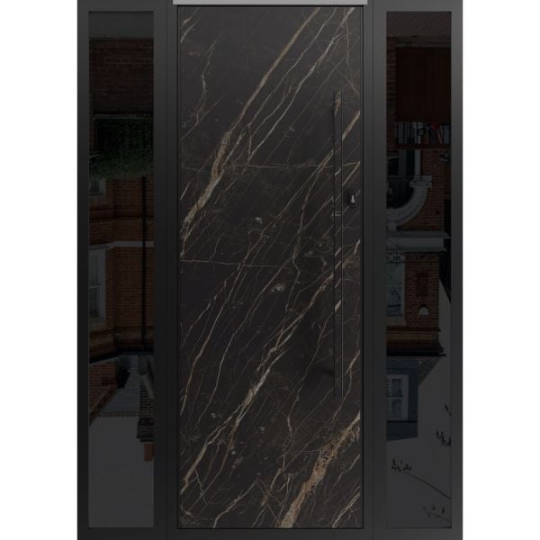 Front Exterior Prehung Steel Door / Dekton 0118 Natural Noir 96”/ 2 Side Exterior Windows Sidelites/ Entry Metal Modern Painted W12+36+12" x H96" Left hand Inswing