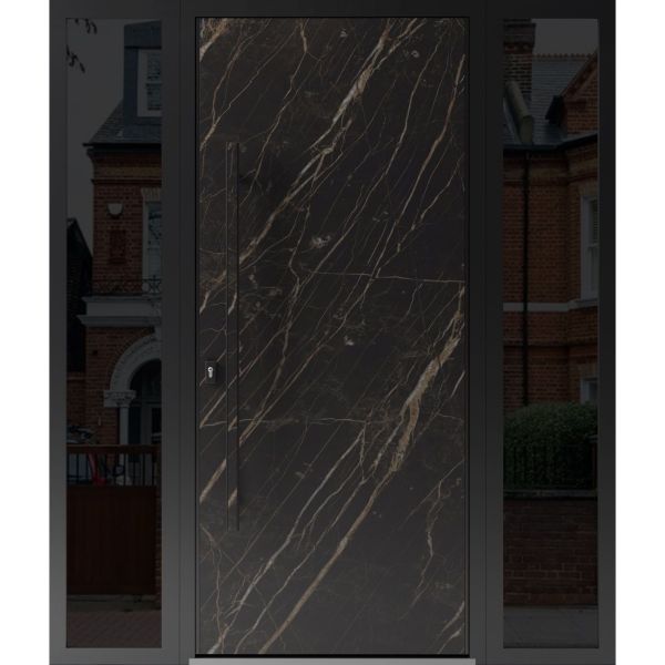 Front Exterior Prehung Steel Door / Dekton 0118 Natural Noir / 2 Side Exterior Windows Sidelites/ Entry Metal Modern Painted W14+36+14" x H80" Right hand Inswing