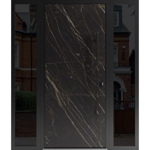 Front Exterior Prehung Steel Door / Dekton 0118 Natural Noir / 2 Side Exterior Windows Sidelites/ Entry Metal Modern Painted W12+36+12" x H80" Left hand Inswing