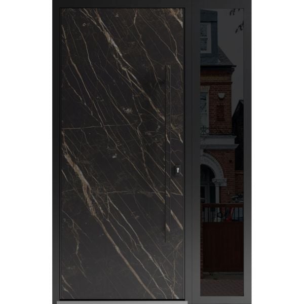 Front Exterior Prehung Steel Door / Dekton 0118 Natural Noir / Side Exterior Window Sidelite / Entry Metal Modern Painted W36+12" x H80" Left hand Inswing