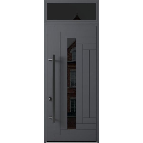 Front Exterior Prehung Steel Door / Ronex 0130 Grey 96" / Transom Window Sidelite / Entry Metal Modern Painted W36" x H96+16" Right hand Inswing