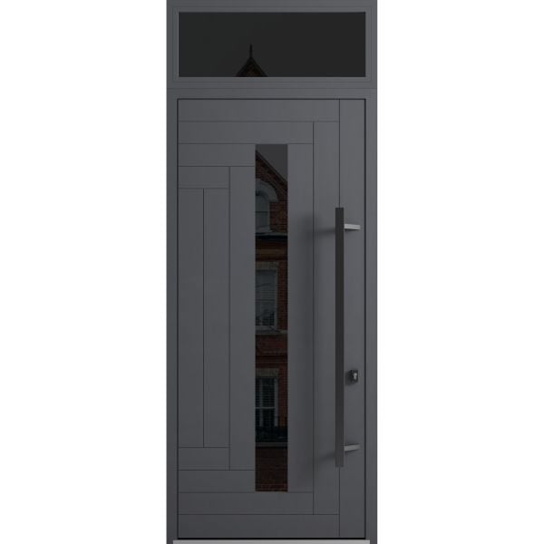 Front Exterior Prehung Steel Door / Ronex 0130 Grey 96" / Transom Window Sidelite / Entry Metal Modern Painted W36" x H96+16" Left hand Inswing