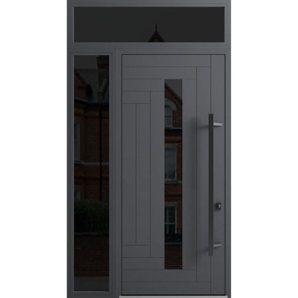 Front Exterior Prehung Steel Door / Ronex 0130 Grey 96" / Sidelight and Transom Window Sidelite / Entry Metal Modern Painted W36+12" x H96+16" Left hand Inswing