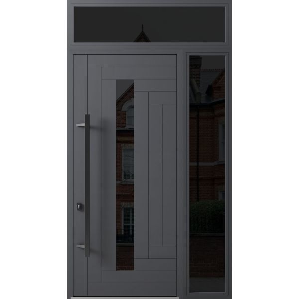 Front Exterior Prehung Steel Door / Ronex 0130 Grey 96" / Sidelight and Transom Window Sidelite / Entry Metal Modern Painted W36+16" x H96+16" Right hand Inswing