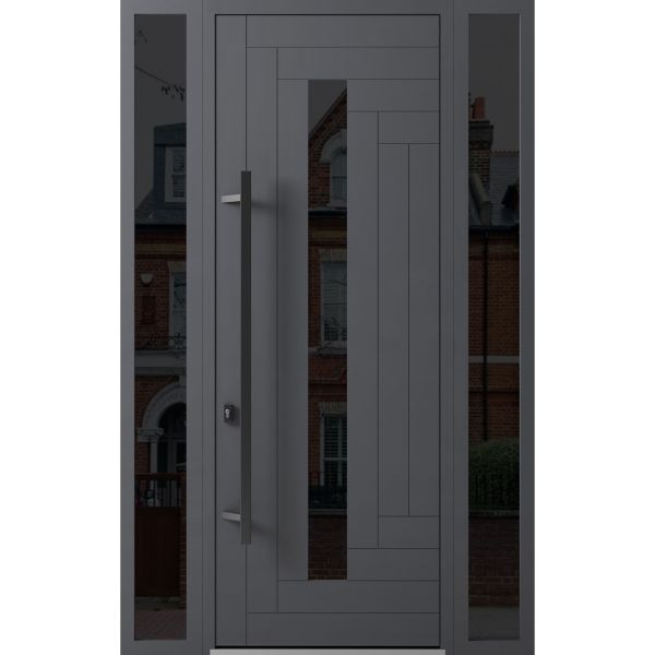 Front Exterior Prehung Steel Door / Ronex 0130 Grey 96" / 2 Sidelight Exterior Windows Sidelites/ Entry Metal Modern Painted W16+36+16" x H96" Right hand Inswing