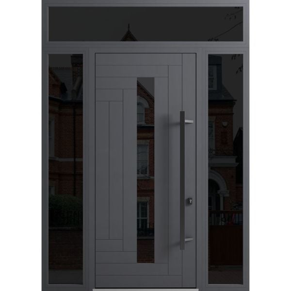 Front Exterior Prehung Steel Door / Ronex 0130 Grey 96" / 2 Sidelight and Transom Window Sidelite / Entry Metal Modern Painted W12+36+12" x H96+16" Left hand Inswing