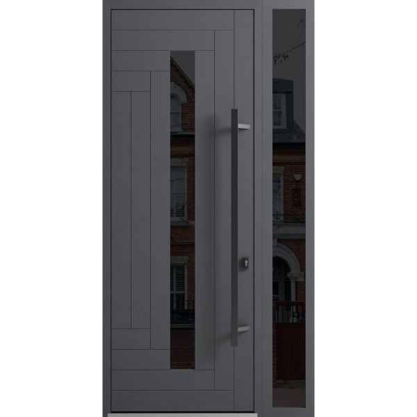 Front Exterior Prehung Steel Door / Ronex 0130 Grey 96" / Sidelight Exterior Window Sidelite / Entry Metal Modern Painted W36+12" x H96" Left hand Inswing