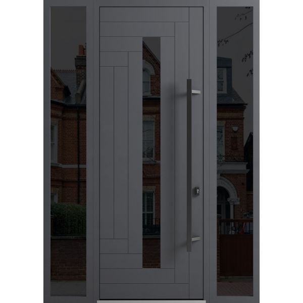 Front Exterior Prehung Steel Door / Ronex 0130 Grey 96" / 2 Sidelight Exterior Windows Sidelites/ Entry Metal Modern Painted W12+36+12" x H96" Left hand Inswing