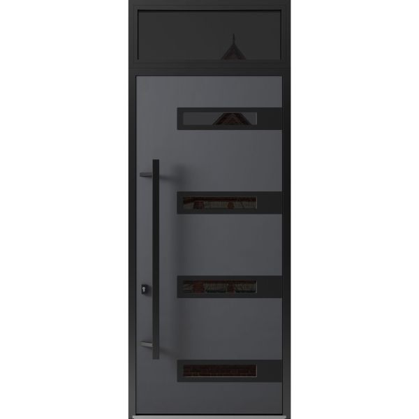 Front Exterior Prehung Steel Door / Ronex 0131 Grey 96" / Transom Window Sidelite / Entry Metal Modern Painted W36" x H96+16" Right hand Inswing